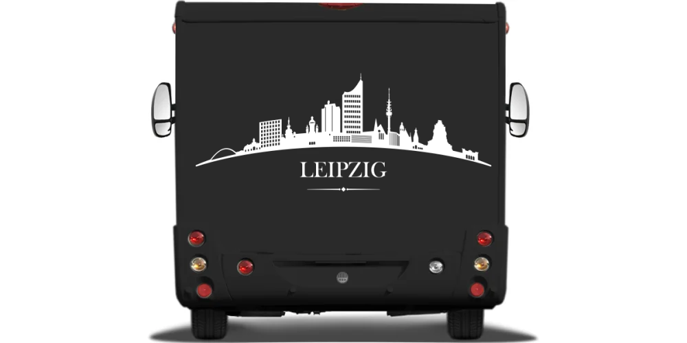 Konturgeschnittene Autofolie mit Leipziger Skyline auf Heck von Wohnmobil oder Wohnwagen - Ansicht Farbauswahl Konturgeschnittene Autofolie mit Leipziger Skyline auf Heck von Wohnmobil oder Wohnwagen - Ansicht Farbauswahl