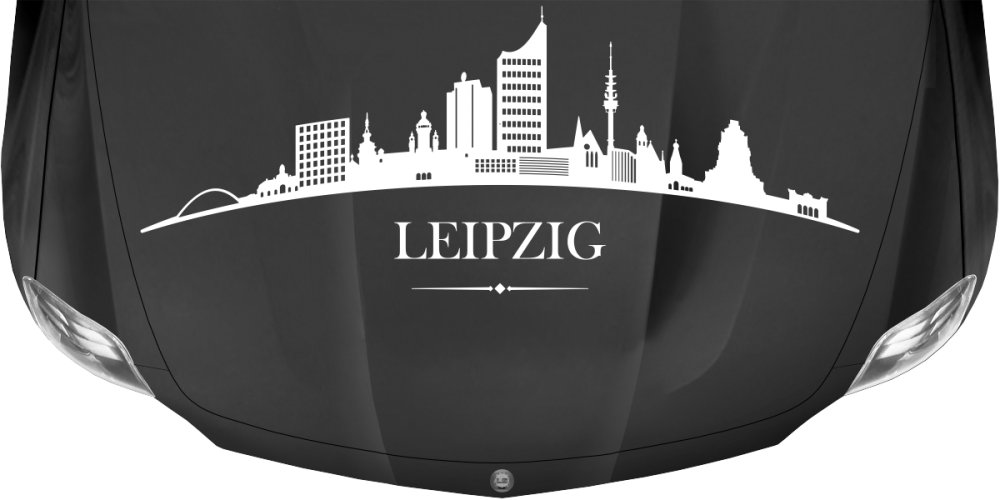 Konturgeschnittene Autofolie mit Leipziger Skyline auf dunkler Motorhaube - Ansicht Farbauswahl Konturgeschnittene Autofolie mit Leipziger Skyline auf dunkler Motorhaube - Ansicht Farbauswahl