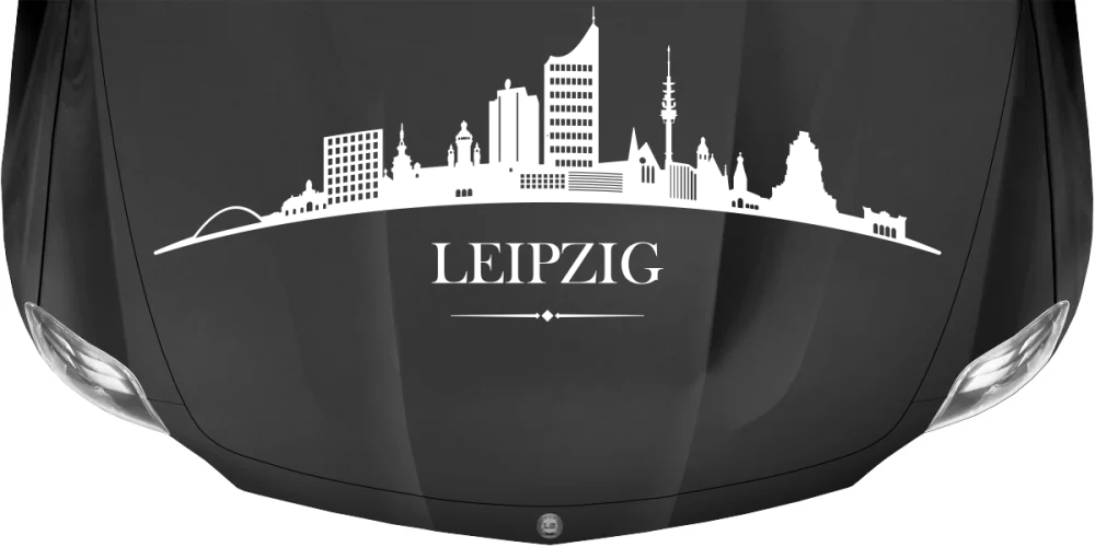 Konturgeschnittene Autofolie mit Leipziger Skyline auf dunkler Motorhaube - Ansicht Farbauswahl Konturgeschnittene Autofolie mit Leipziger Skyline auf dunkler Motorhaube - Ansicht Farbauswahl