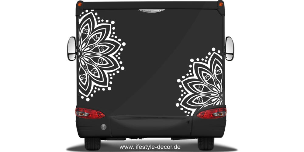 Autoaufkleber mit Mandala Motiv auf Heck von Wohnmobil oder Wohnwagen - Ansicht Farbauswahl
