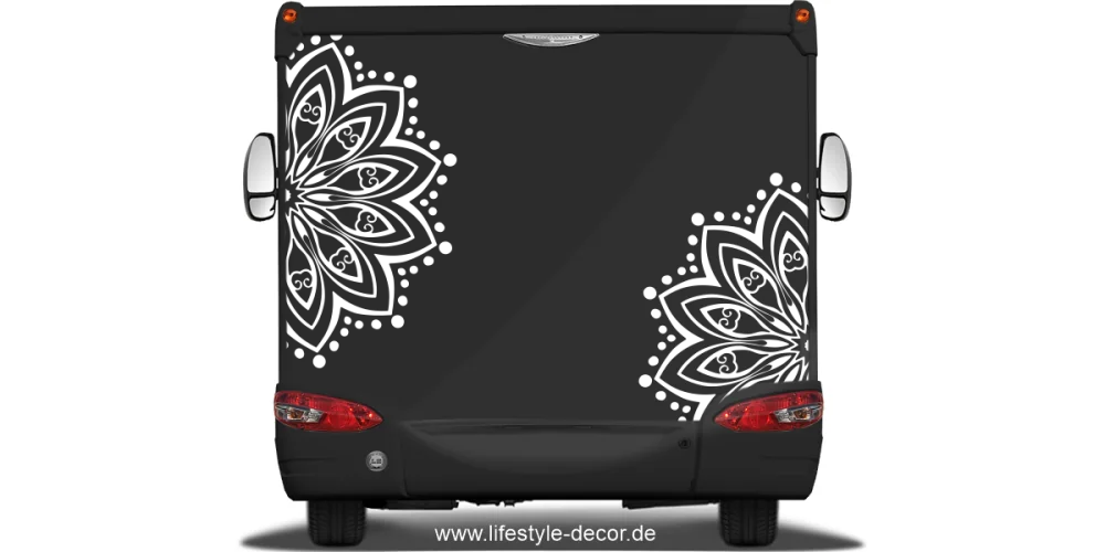 Autoaufkleber mit Mandala Motiv auf Heck von Wohnmobil oder Wohnwagen - Ansicht Farbauswahl
