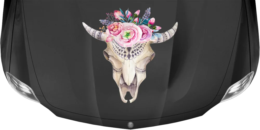 Autoaufkleber Floraler Tierschädelknochen auf dunkler Motorhaube Autoaufkleber Floraler Tierschädelknochen auf dunkler Motorhaube