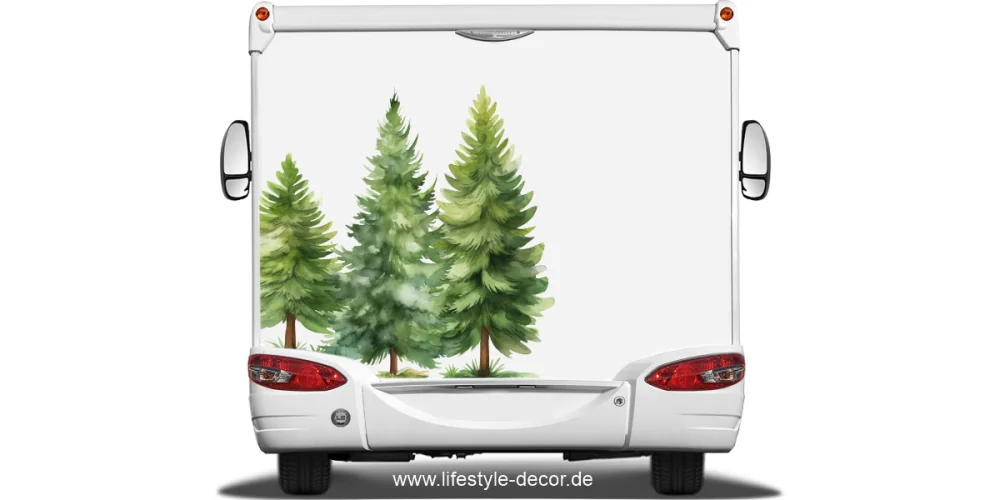 Aufkleber Nadelbäume Dekor Set auf Heck von Wohnwagen oder Wohnmobil