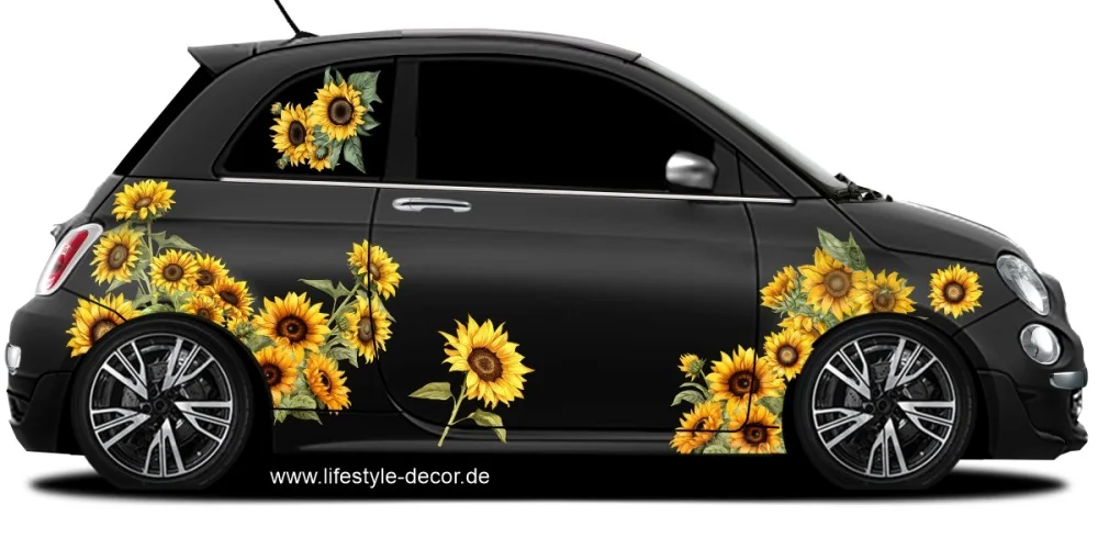 Aufkleber Sonnenblumen Dekorset auf dunkler PKW Fahrzeugseite