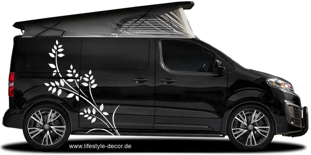 Aufkleber Auto kunstvoller Blätterzweig auf dunklem Camper - Ansicht Farbauswahl