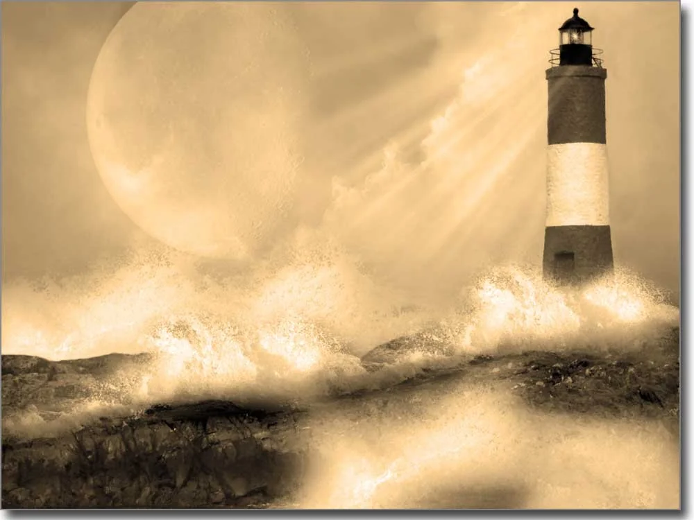 Glasbild mit Leuchtturm am Meer in sepia