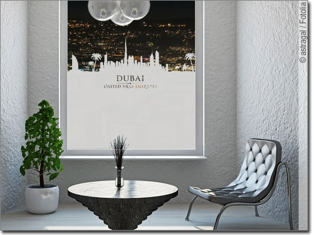 Milchglasfolie als Sichtschutz mit der Skyline von Dubai