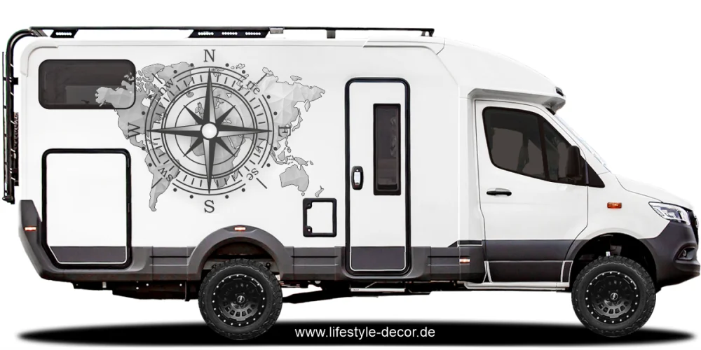 Aufkleber Kompass und Weltkarte auf Reisemobil - Ansicht Farbauswahl