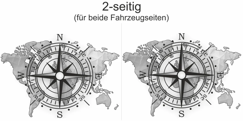 Aufkleber Kompass und Weltkarte - Ansicht zweiseitig für beide Fahrzeugseiten und Farbauswahl