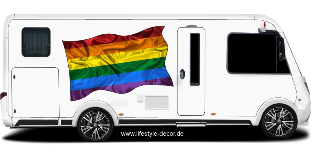 Aufkleber Regenbogenfahne LGBTQ auf Fahrzeugseite von Wohnmobil