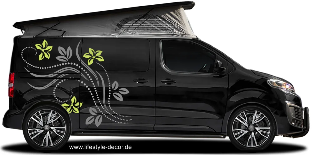 Auto Sticker Traumhaftes Blumenornament auf dunklem Campervan Auto Sticker Traumhaftes Blumenornament auf dunklem Campervan