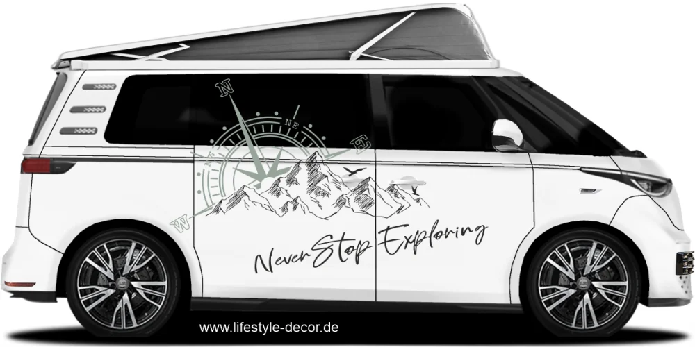 Autoaufkleber Berge and Kompassrose - Never Stop Exploring