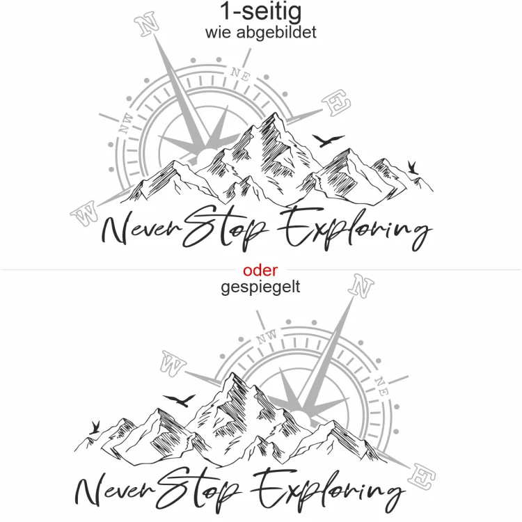 Autoaufkleber Berge and Kompassrose - Never Stop Exploring