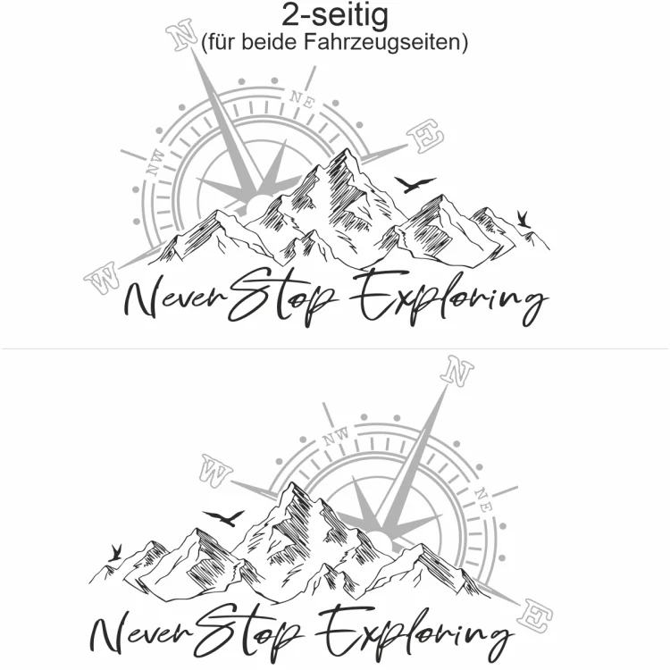 Autoaufkleber Berge and Kompassrose - Never Stop Exploring
