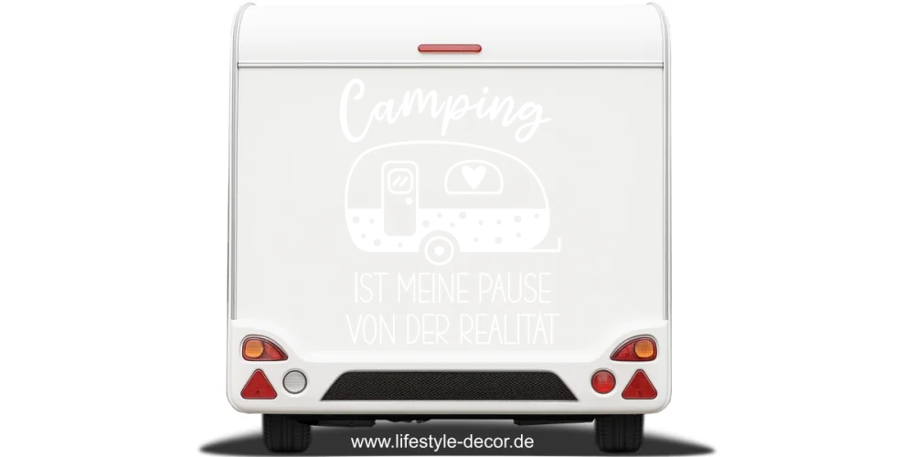 Autoaufkleber Camping ist auf hellem Heck eines Wohnwagens - Ansicht Farbauswahl