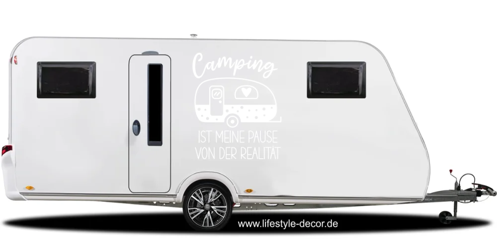 Autoaufkleber Camping ist auf hellem Seite eines Wohnwagens - Ansicht Farbauswahl
