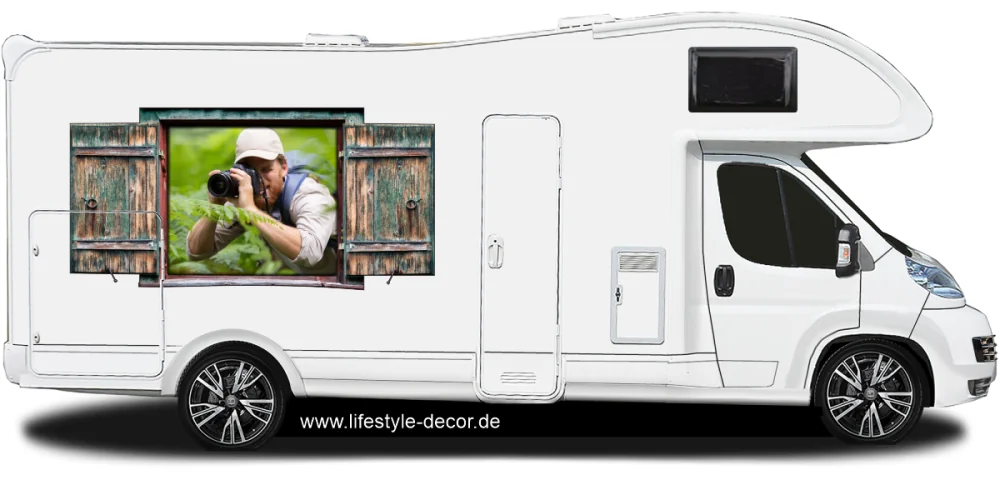 Autoaufkleber Eigenes Foto mit Fensterklappladen auf Wohnmobil Autoaufkleber Eigenes Foto mit Fensterklappladen auf Wohnmobil