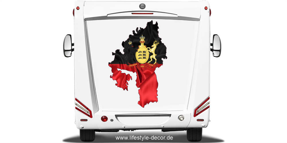 Autoaufkleber Fahne und Umriss von Württemberg auf Heck von Reisemobil oder Wohnwagen