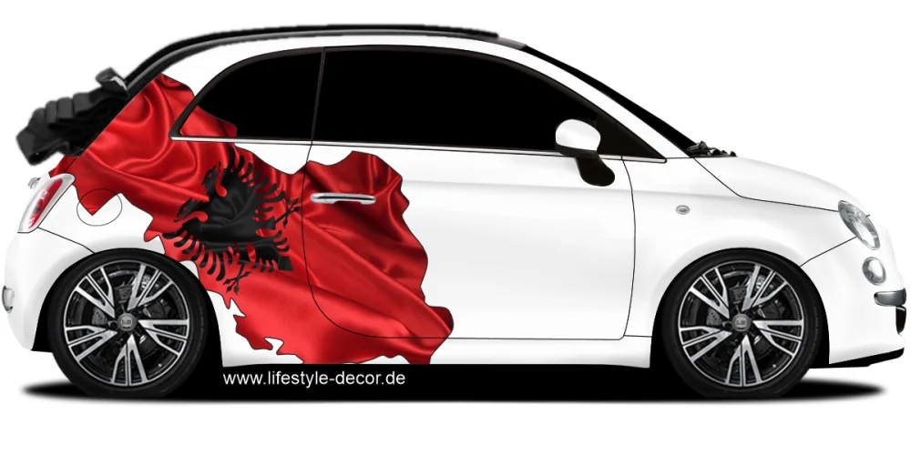 Autoaufkleber Fahne von Albanien als Silhouette auf Fahrzeugseite von PKW