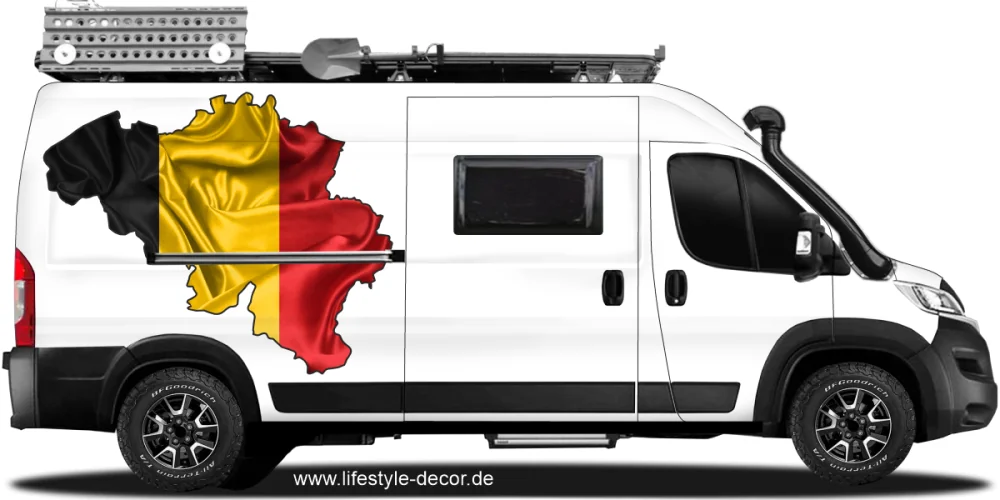 Autoaufkleber Fahne von Belgien als Silhouette auf Fahrzeugseite von Camper