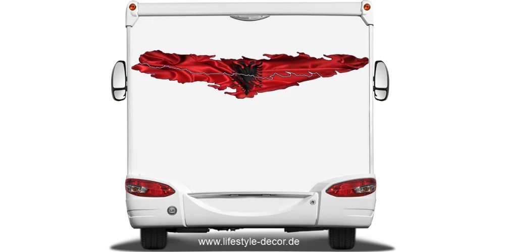 Autoaufkleber Flagge von Albanien auf dem Heck von Wohnmobil oder Wohnwagen