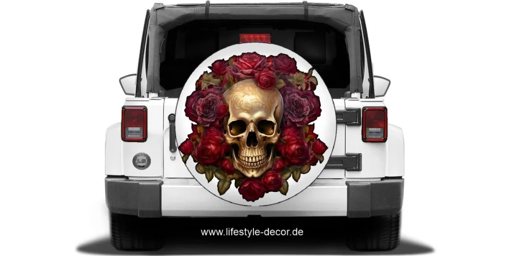 Autoaufkleber Goldener Totenkopf mit Rosen auf heller Ersatzradabdeckung