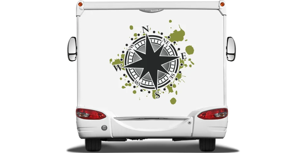 Autoaufkleber Kompass auf Heck von Wohnmobil oder Wohnwagen