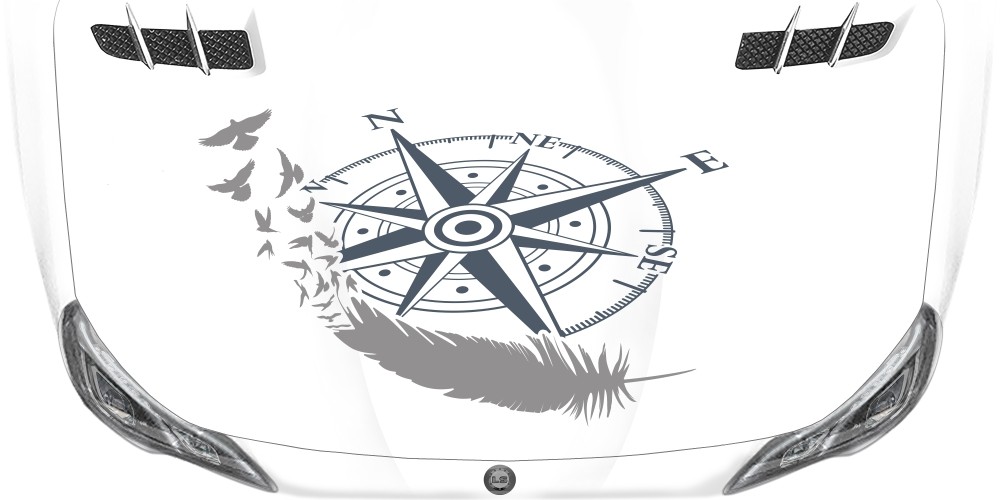 Kompass mit Feder als bunter Autoaufkleber für die Motorhaube