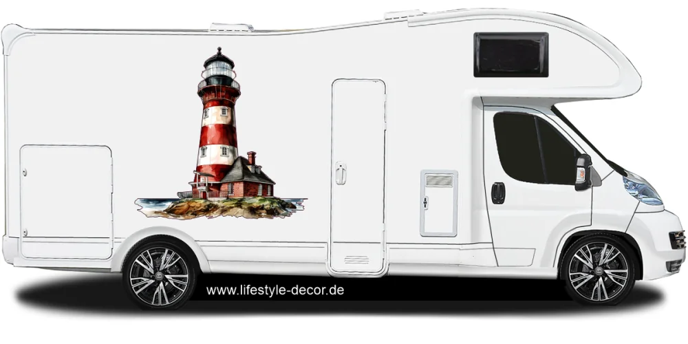 Autoaufkleber Leuchtturm am Meer auf hellem Reisemobil Autoaufkleber Leuchtturm am Meer auf hellem Reisemobil