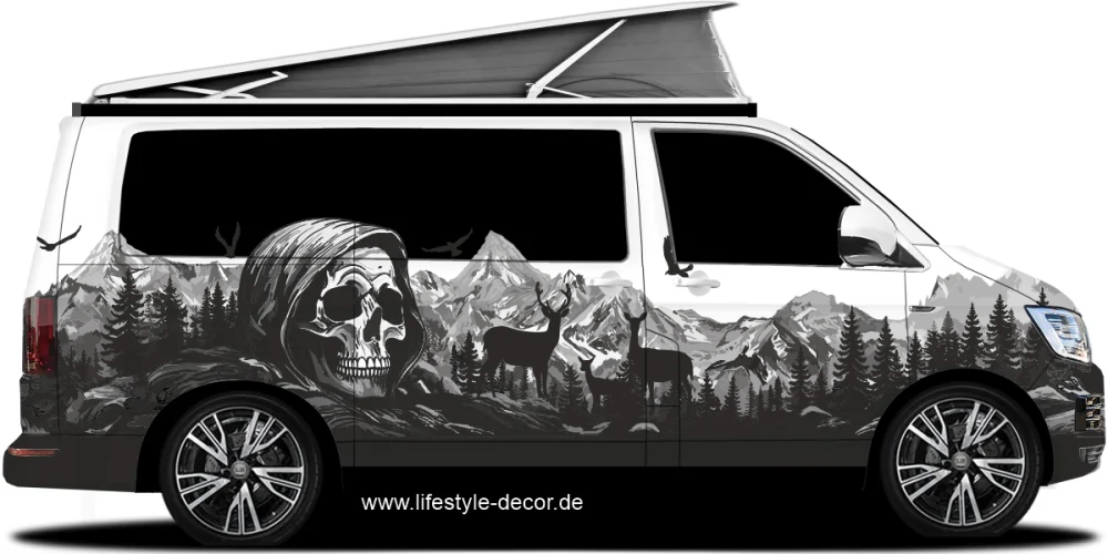 Autoaufkleber Mystisches Gebirge mit Totenkopf aufhellen Campervan