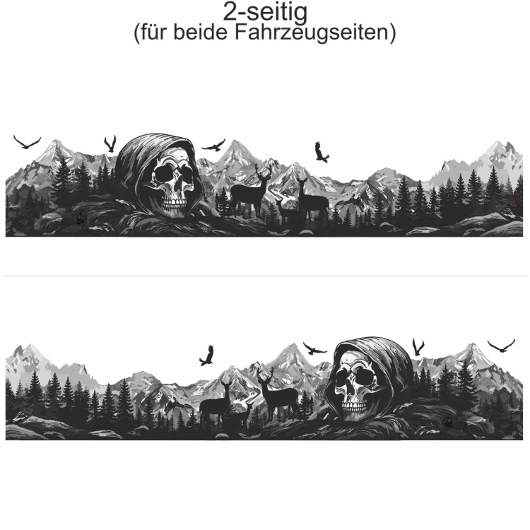 Autoaufkleber Mystisches Gebirge mit Totenkopf - Ansicht zweiseitig für beide Fahrzeugseiten und Farbauswahl