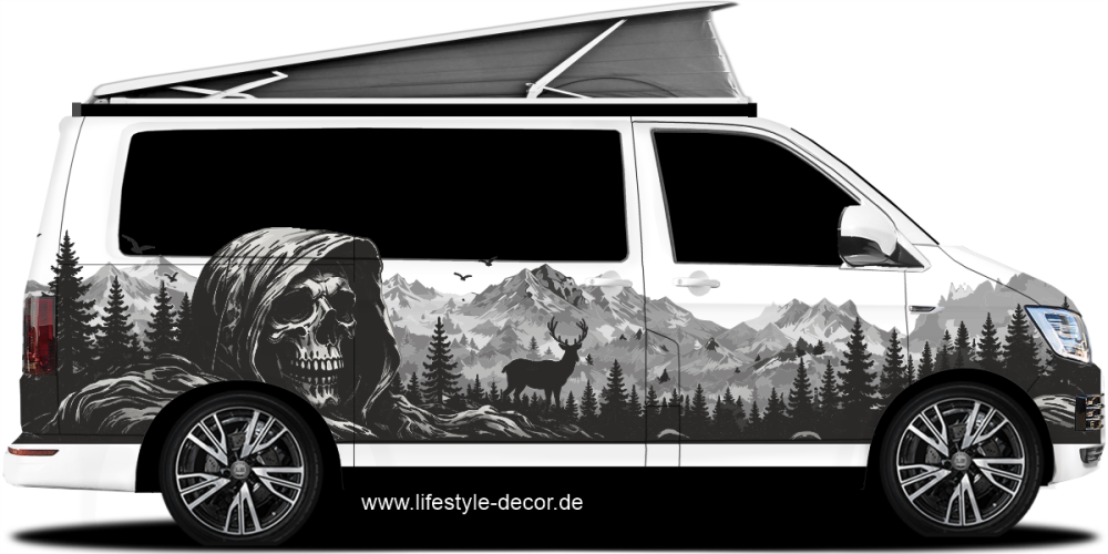 Autoaufkleber Mystisches Gebirge mit Totenkopf aufhellen Campervan