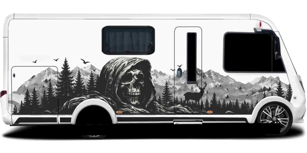 Autoaufkleber Mystisches Gebirge mit Totenkopf auf Wohnmobil