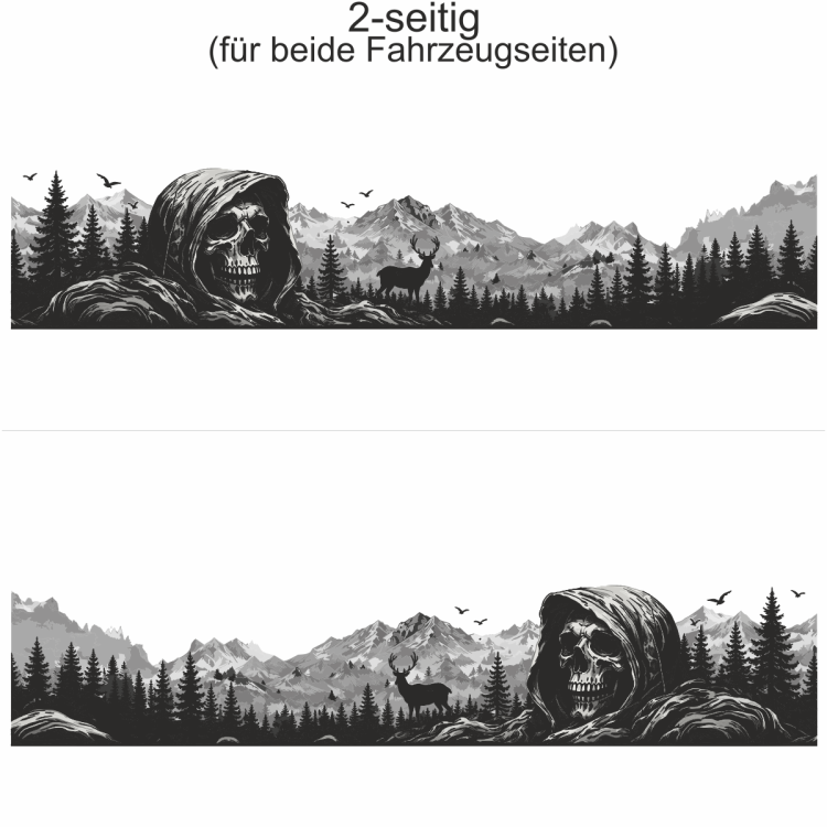 Autoaufkleber Mystisches Gebirge mit Totenkopf - Ansicht zweiseitig für beide Fahrzeugseiten und Farbauswahl