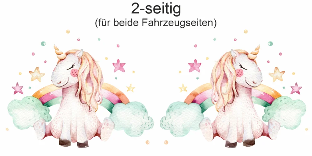 Autoaufkleber mit niedlichem Einhorn - Ansicht zweiseitig für beide Fahrzeugseiten
