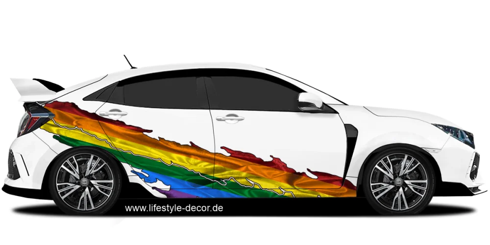 Autoaufkleber Regenbogenflagge LGBTQ auf Fahrzeugseite von hellem Auto