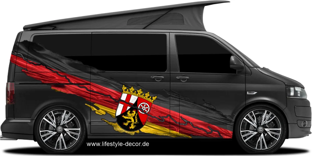 Autoaufkleber die Fahne von Rheinland-Pfalzc auf Fahrzeugseite von hellem Auto
