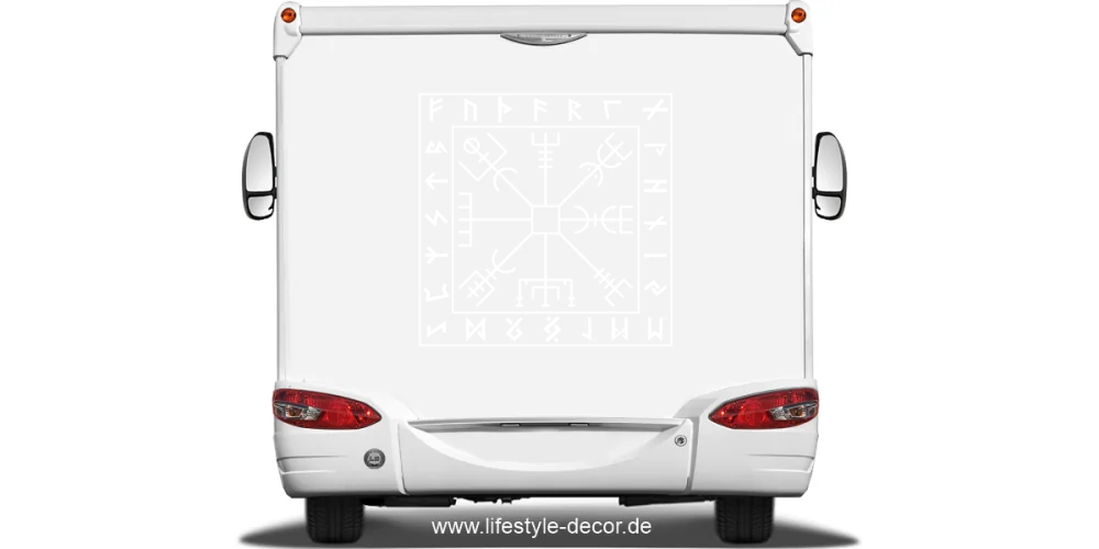 Autoaufkleber Runenkompass auf hellem Wohnmobilheck - Ansicht Farbwauswahl Autoaufkleber Runenkompass auf hellem Wohnmobilheck - Ansicht Farbwauswahl