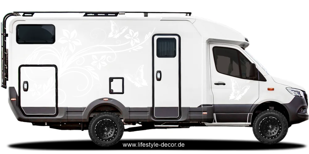 Autoaufkleber Schmetterlingzauber auf hellem Camper - Ansicht Farbauswahl Autoaufkleber Schmetterlingzauber auf hellem Camper - Ansicht Farbauswahl