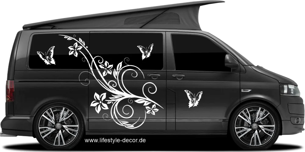 Autoaufkleber Schmetterlingzauber auf dunklem Camper - Ansicht Farbauswahl Autoaufkleber Schmetterlingzauber auf dunklem Camper - Ansicht Farbauswahl