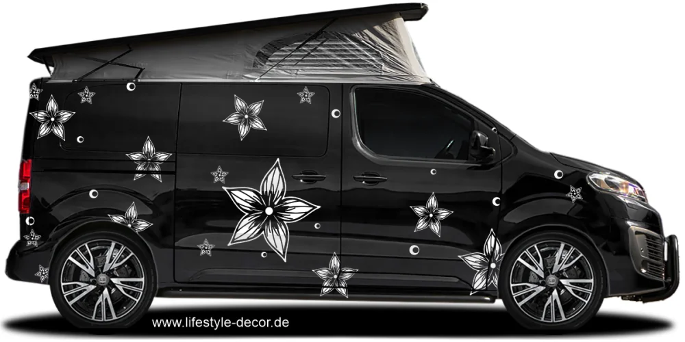 Blumenaufkleber fürs Auto im Set auf dunklem Camper - Ansicht Farbauswahl Blumenaufkleber fürs Auto im Set auf dunklem Camper - Ansicht Farbauswahl
