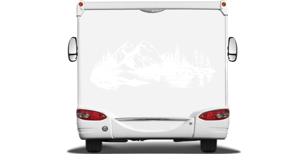 Autoaufkleber Skandinavisches Bergpanorama auf hellem Reisemobilheck - Ansicht Farbauswahl Autoaufkleber Skandinavisches Bergpanorama auf hellem Reisemobilheck - Ansicht Farbauswahl