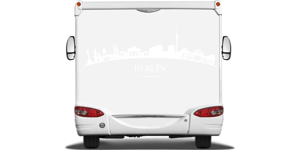 Autoaufkleber Skyline Berlin auf Heck von Wohnmobil oder Wohnwagen - Ansicht Farbauswahl Autoaufkleber Skyline Berlin auf Heck von Wohnmobil oder Wohnwagen - Ansicht Farbauswahl