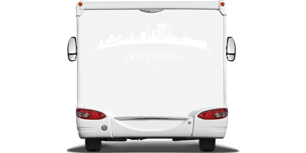 Autoaufkleber mit Dortmunder Skyline auf Heck von Wohnmobil oder Wohnwagen - Ansicht Farbauswahl Autoaufkleber mit Dortmunder Skyline auf Heck von Wohnmobil oder Wohnwagen - Ansicht Farbauswahl