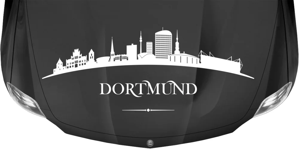Autoaufkleber mit Dortmunder Skyline auf dunkler Motorhaube - Ansicht Farbauswahl Autoaufkleber mit Dortmunder Skyline auf dunkler Motorhaube - Ansicht Farbauswahl