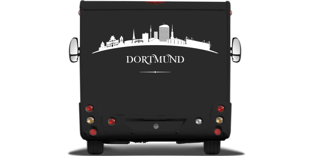 Autoaufkleber mit Dortmunder Skyline auf Heck von Wohnmobil oder Wohnwagen - Ansicht Farbauswahl Autoaufkleber mit Dortmunder Skyline auf Heck von Wohnmobil oder Wohnwagen - Ansicht Farbauswahl