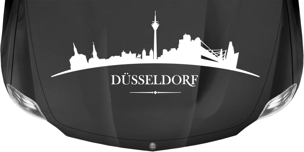 Autoaufkleber Skyline Düsseldorf auf dunkler Motorhaube - Ansicht Farbauswahl Autoaufkleber Skyline Düsseldorf auf dunkler Motorhaube - Ansicht Farbauswahl