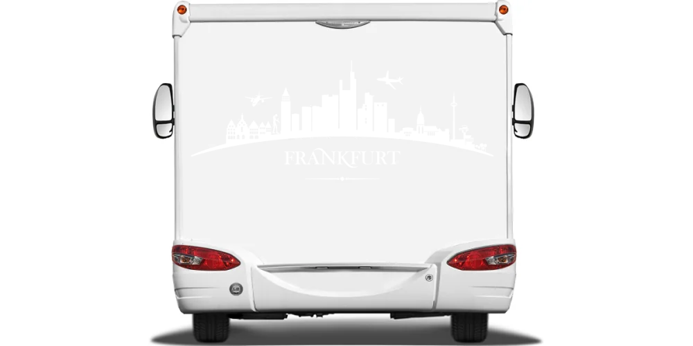 Autoaufkleber Skyline Frankfurt auf Heck von Wohnmobil oder Wohnwagen - Ansicht Farbauswahl Autoaufkleber Skyline Frankfurt auf Heck von Wohnmobil oder Wohnwagen - Ansicht Farbauswahl