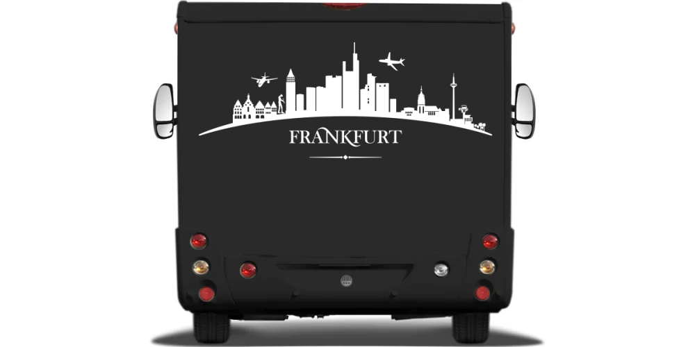 Autoaufkleber Skyline Frankfurt auf Heck von Wohnmobil oder Wohnwagen - Ansicht Farbauswahl Autoaufkleber Skyline Frankfurt auf Heck von Wohnmobil oder Wohnwagen - Ansicht Farbauswahl