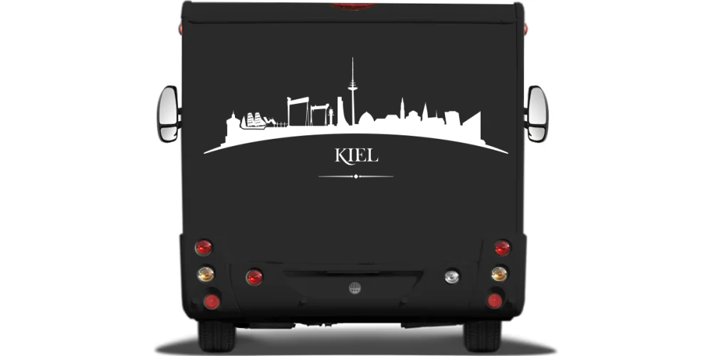 Cartattoo Skyline Kiel auf Heck von Wohnmobil oder Wohnwagen - Ansicht Farbauswahl Cartattoo Skyline Kiel auf Heck von Wohnmobil oder Wohnwagen - Ansicht Farbauswahl